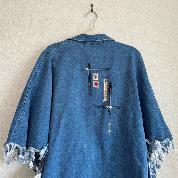 Phoenix Conexion Art To Wear Custom Signed Fringe Denim Poncho Boho Jacket - Picture 6 of 12